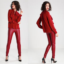 New Arrival Elegant Red Woman Autumn Long Sleeve Low V-neck Blouse and Ladies Shirt