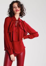 New Arrival Elegant Red Woman Autumn Long Sleeve Low V-neck Blouse and Ladies Shirt