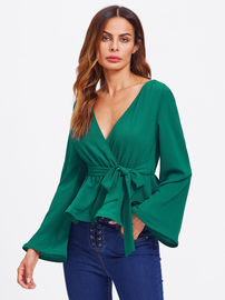 Bell Sleeve Wrap Blouse with Deep V Neck