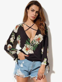 Women Low Neck Floral Chiffon Long Sleeve Top