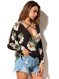 Women Low Neck Floral Chiffon Long Sleeve Top