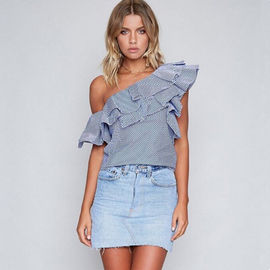 One Side Shoulder Stripe Ruffe Mini Top