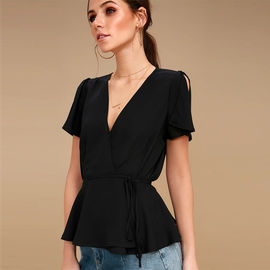 Modesty V Neck Fashion Black Women Top With Plunging Neckline