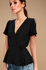 Modesty V Neck Fashion Black Women Top With Plunging Neckline