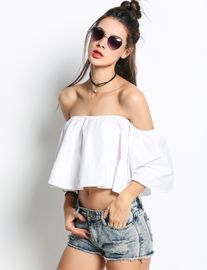 ladies tops latest design Women Off Shoulder Flare Sleeve Ruffles Solid Crop Tops