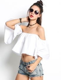 ladies tops latest design Women Off Shoulder Flare Sleeve Ruffles Solid Crop Tops