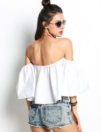 ladies tops latest design Women Off Shoulder Flare Sleeve Ruffles Solid Crop Tops
