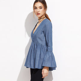 Ladies tops deep v-neckline cap sleeves denim shirt for women