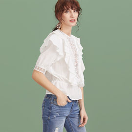 2017 Women white blouse ruffle trim round neck shirts for women