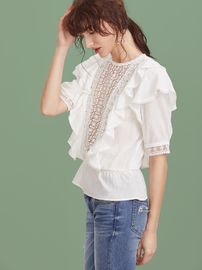 2017 Women white blouse ruffle trim round neck shirts for women