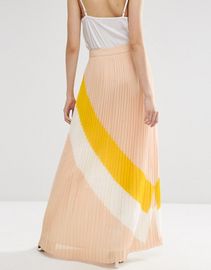 Elegant Pleated Women Maxi Skirt with Colour-block Print