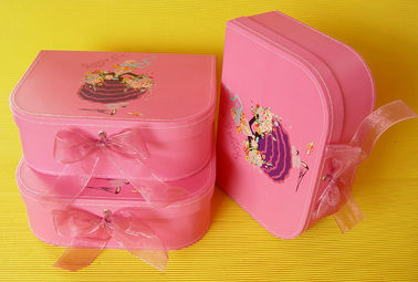 Pink Cardboard Luggage / Suitcase Box with Ribbon Closure and Handle for Children's Toys