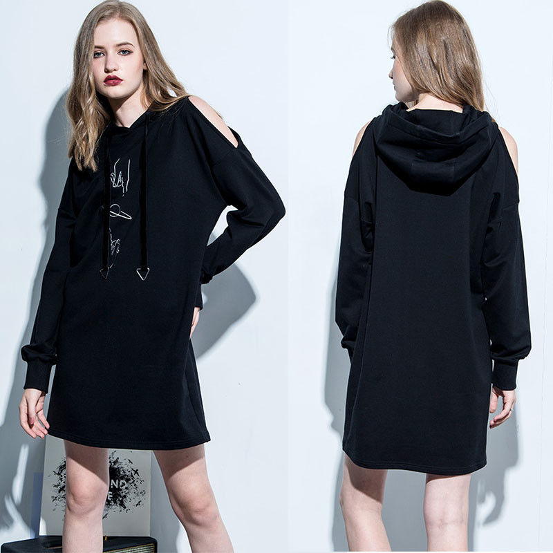 Clothing Fashion Women Cold Shoulder Hoodie Dress