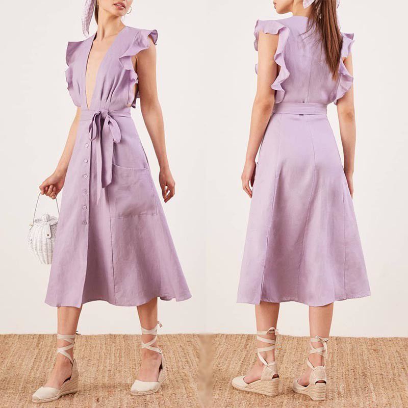 Clothing Fashion Women Ruffle Shoulder Midi Linen Dress Ladies