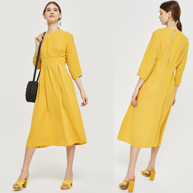 New Arrival Fall Yellow Midi Dress With Sleeves Ladies Autumn