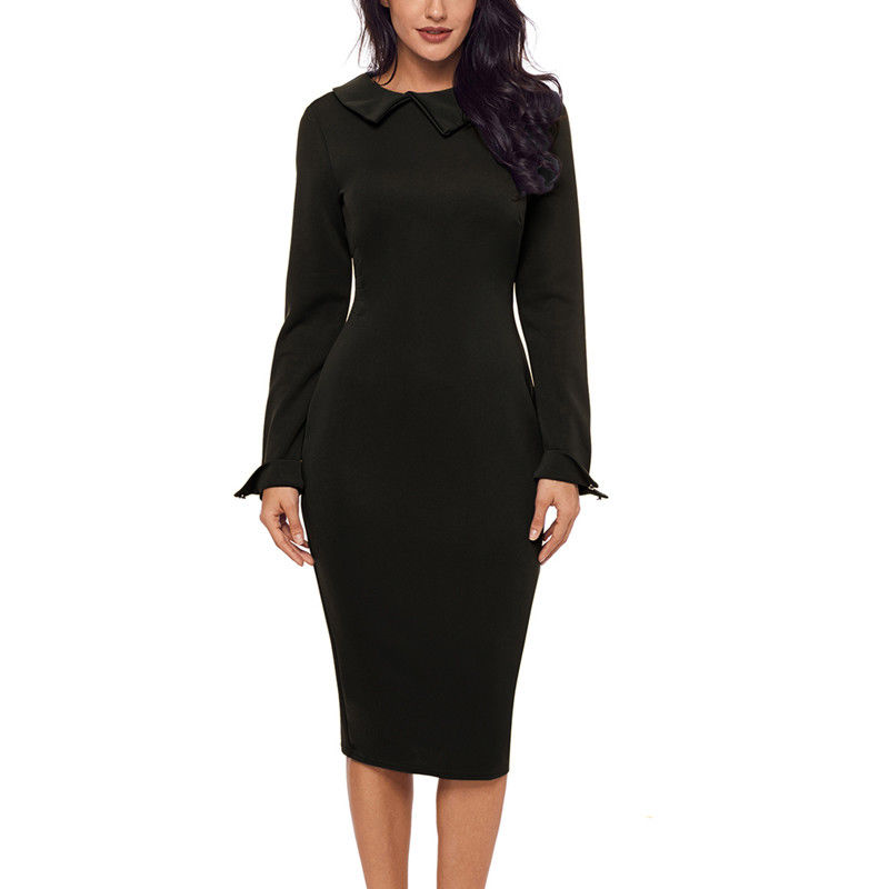 Latest turn down collar long sleeves green dress for women
