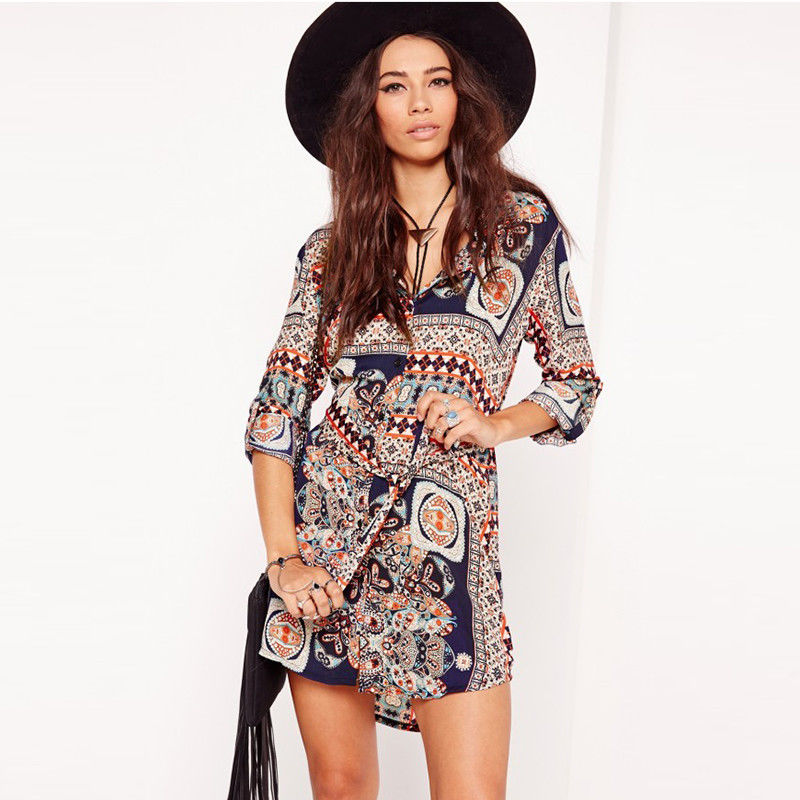 Floral printed women long sleeve one piece hippie casual dress