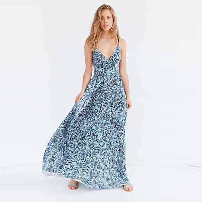women chiffon spaghetti strap maxi dress with back tie net