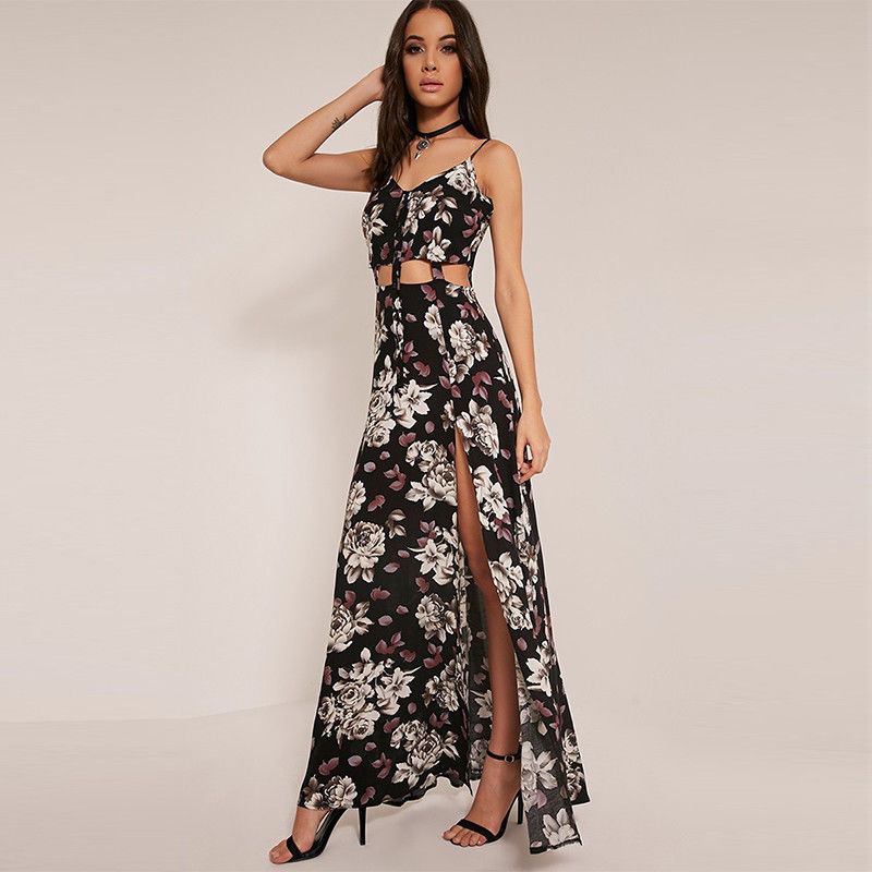 Women spaghetti strap printed fancy black cut out maxi dress