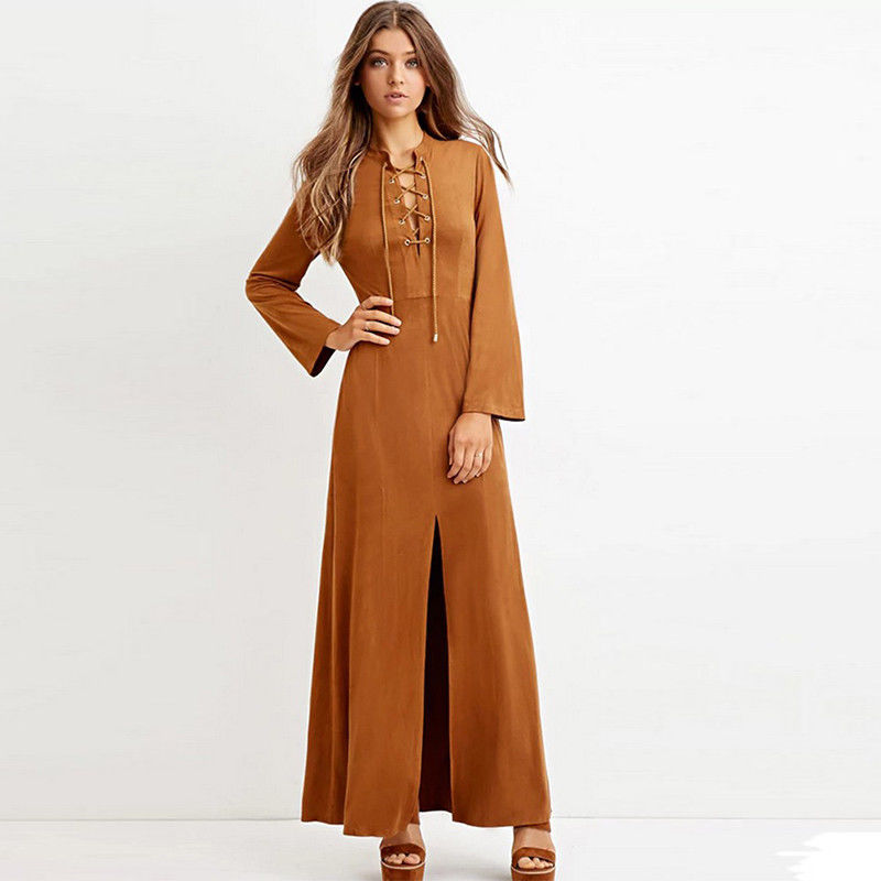 long sleeve front slit women maxi dress