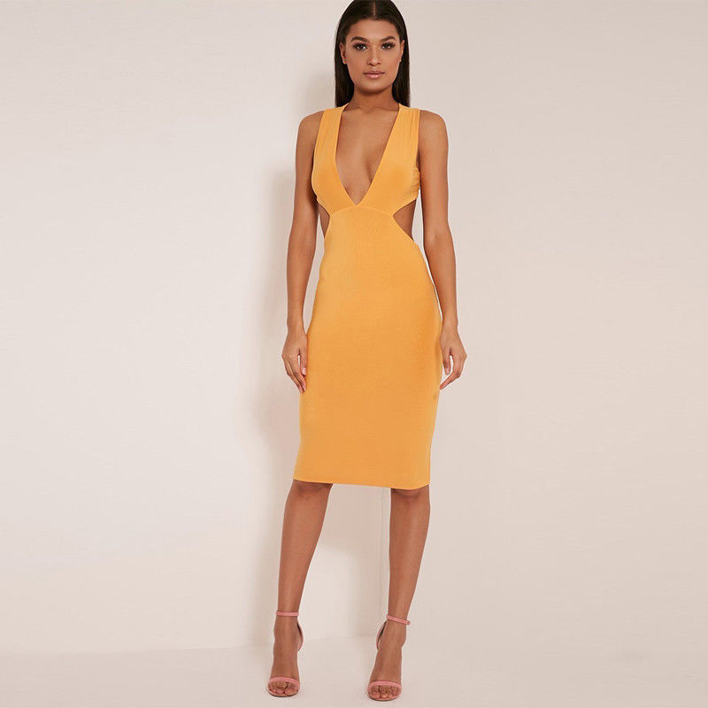 Women biddy pastel orange deep V plunge cross back midi dress