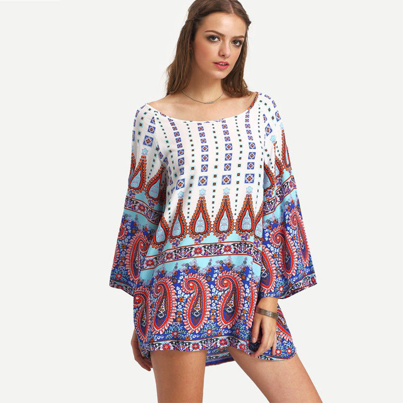 Multicolor vintage print sleeve shift hippie african design dress