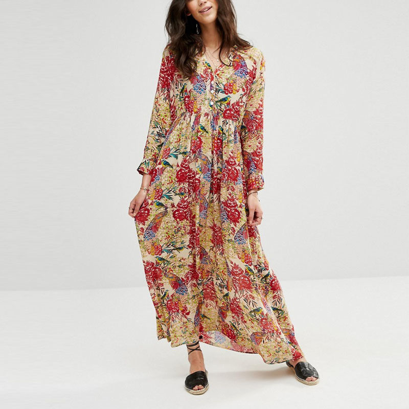 Fashion Cardigan Printed Ladies Long Sleeved Maxi Dress