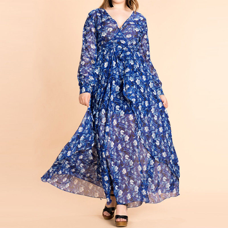 New arrival plus size dress floral print long sleeve maxi dress