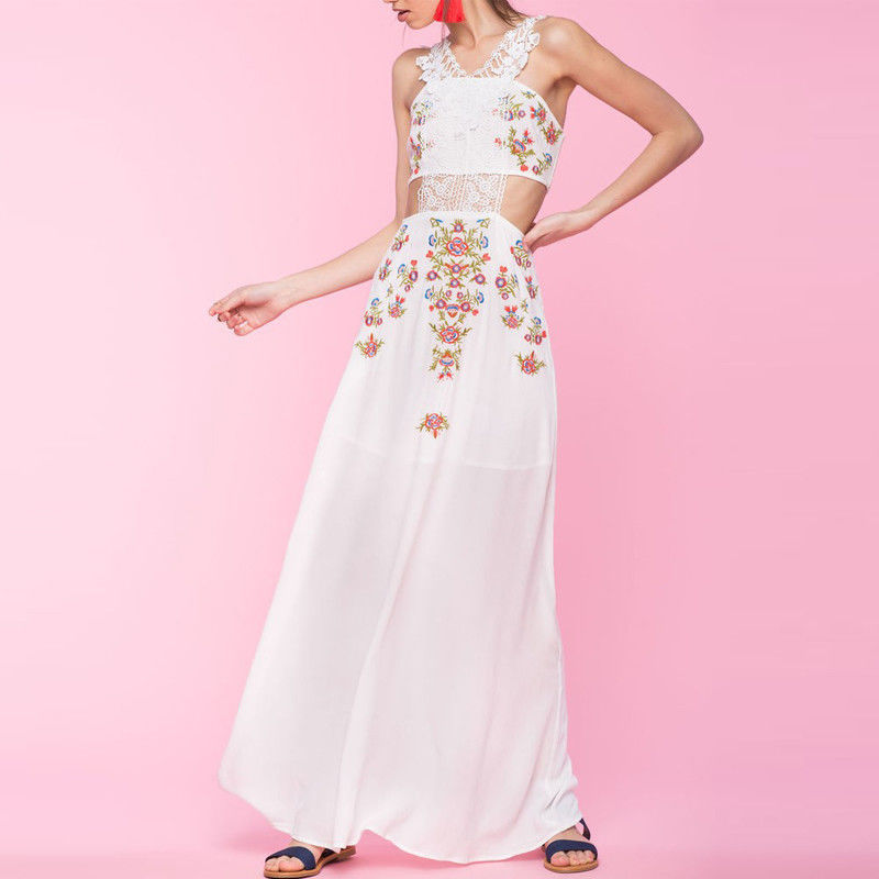 New design white embroidered flowers cut out long dresses