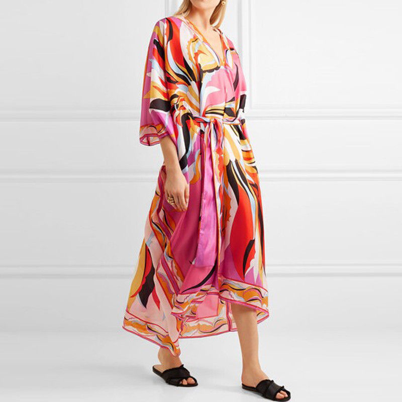 New arrival floral three quarter sleeve v-neckline kaftan dress