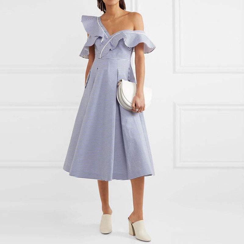 summer dresses off-the-shoulder ruffle-neckline striped midi dress