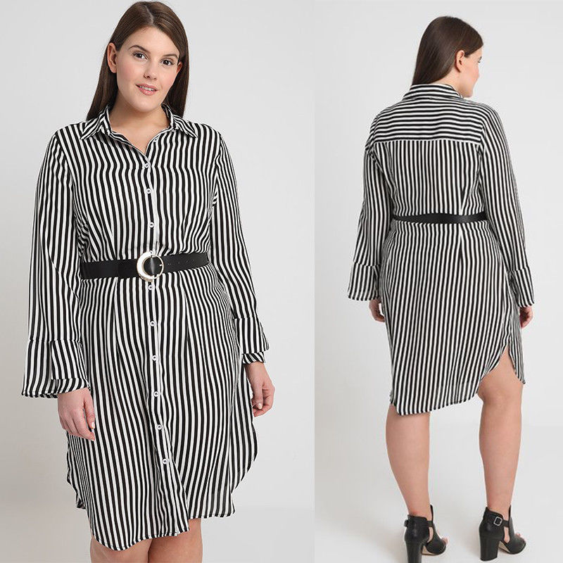 fashion plus size clothing long sleeve striped pattern dresses