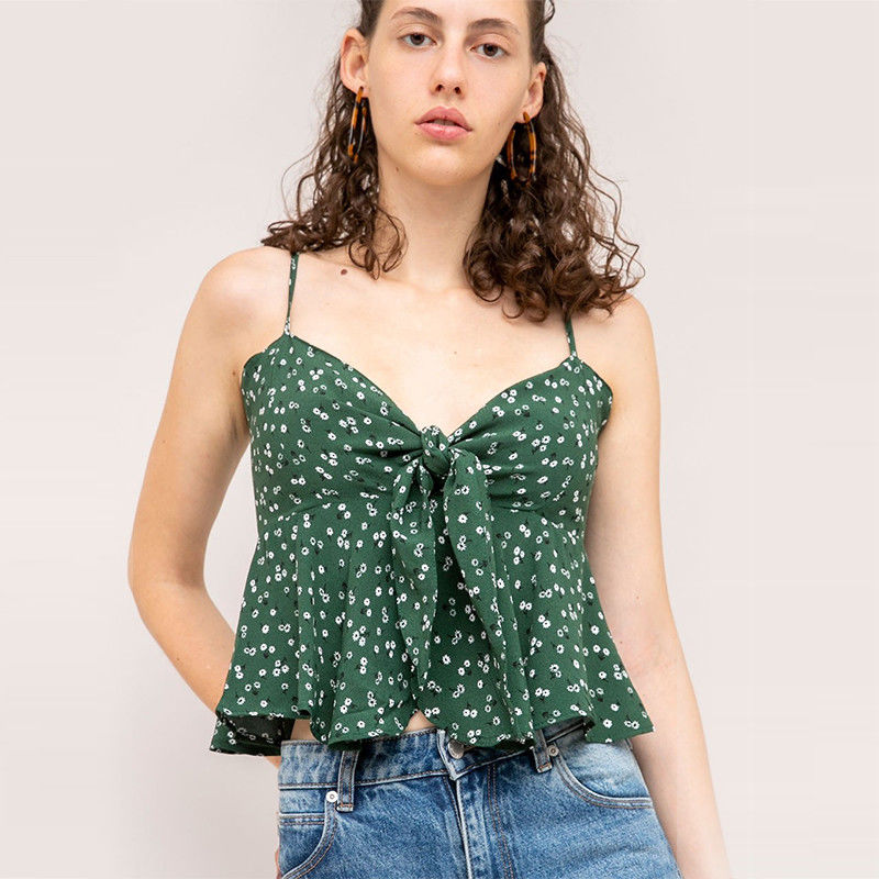 Summer women spaghetti strap mini crop top with flower