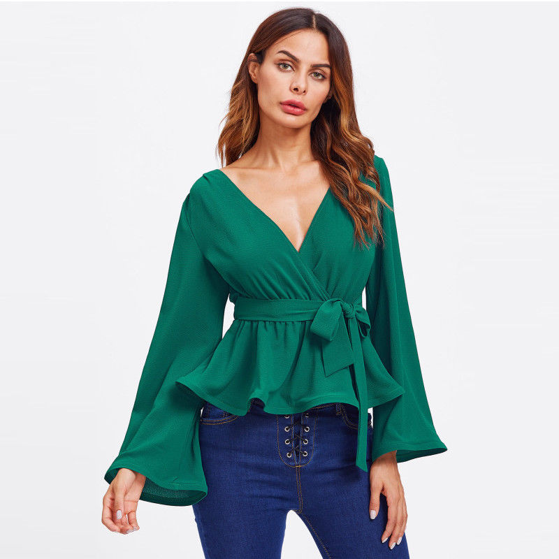 Bell Sleeve Wrap Blouse with Deep V Neck