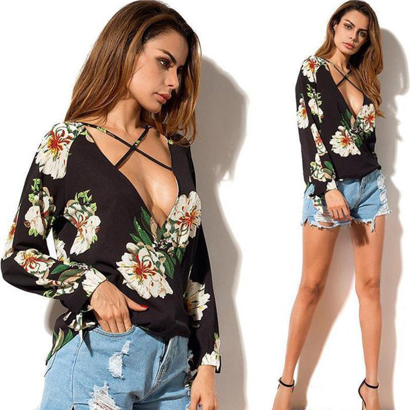 Women Low Neck Floral Chiffon Long Sleeve Top