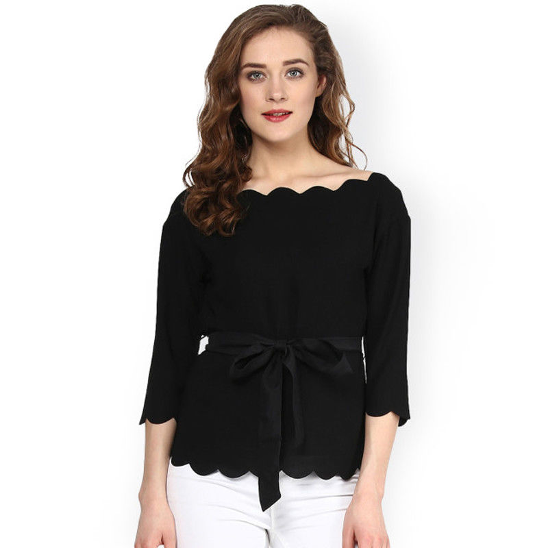 Women Fashionable Black Scalloped Top