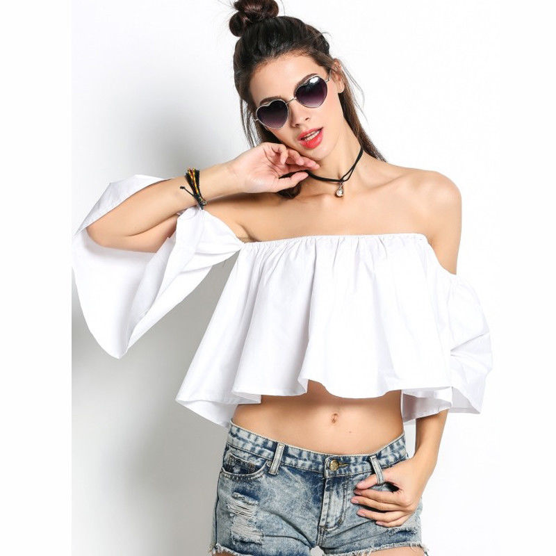 ladies tops latest design Women Off Shoulder Flare Sleeve Ruffles Solid Crop Tops