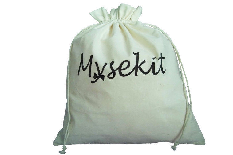 White Recyclable Cotton Drawstring Pouch Bag Silk Screen For Gift Packing