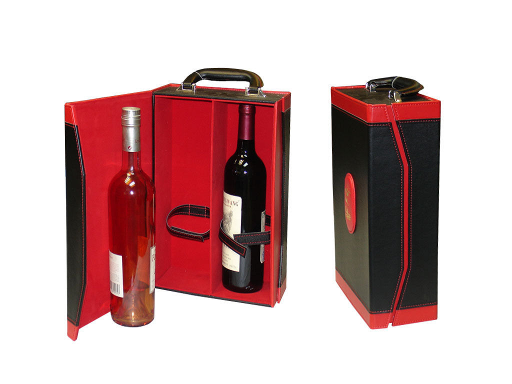 Leather Wine Packaging Boxes with handle, Embossing for promotional gifts